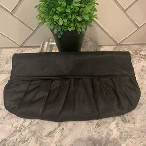 Black satin clutch with gold chain